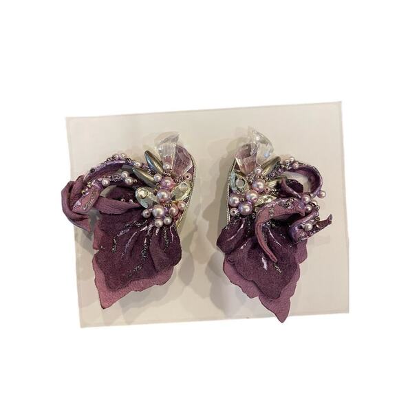 Earrings purple lavender beads clip -pearls - - Picture 2 of 3